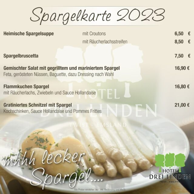 Die Spargelsaison 2023 ist erföffnet! 
Kennt ihr schon unsere Spargekarte? 🤤

Dowwnload Spargelkarte: www.hotel-drei-linden.com/Spargelkarte_2023.pdf

#spargel #spargelsaison #lecker #frisch #gesund