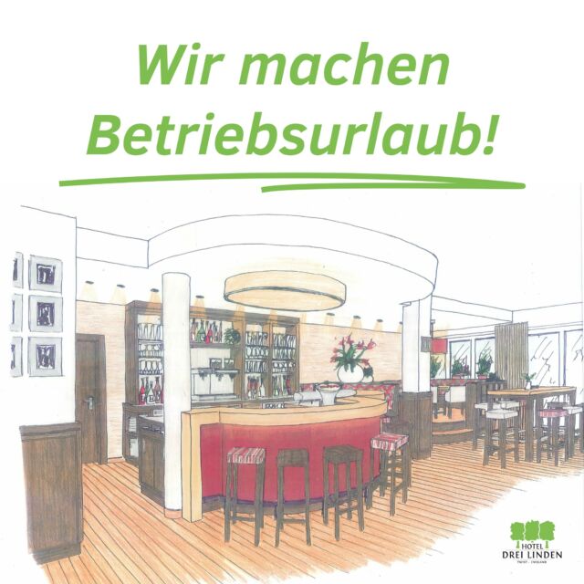 Wir machen Betriebsurlaub!

Liebe Gäste,
auch wir brauchen mal eine Pause. 😊

Wir haben vom 31.07 - 13.08.2023 Betriebsurlaub. ☀️⛱

Ab dem 11.08.2023 ist das Hotel sowie die Kneipe wieder geöffnet. 🍺🍹

Unser Küche ist ab dem 14.08.2023 wieder für euch da. 🥗🍔🥩

Bis dahin wünschen wir euch eine schöne Zeit.
Das Team vom Hotel Drei Linden